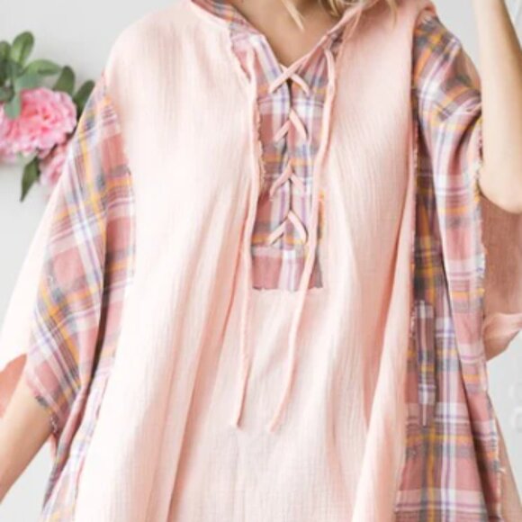 OH23 Oli & Hali WASHED PLAID MIXED HOODED OVERSIZED TUNIC TOP - Picture 1 of 5